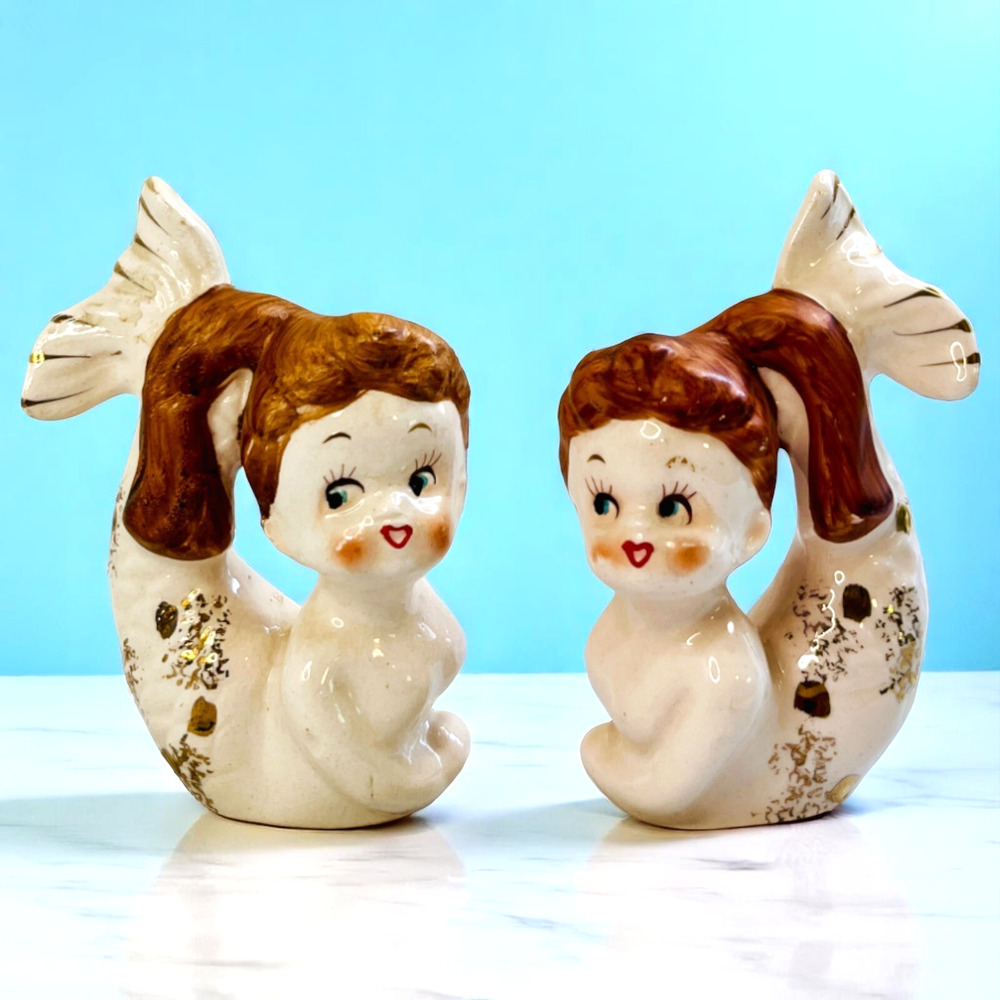 Relco Mermaid Salt and Pepper Shaker Set Stoppers Japan Sticker MCM Vintage READ